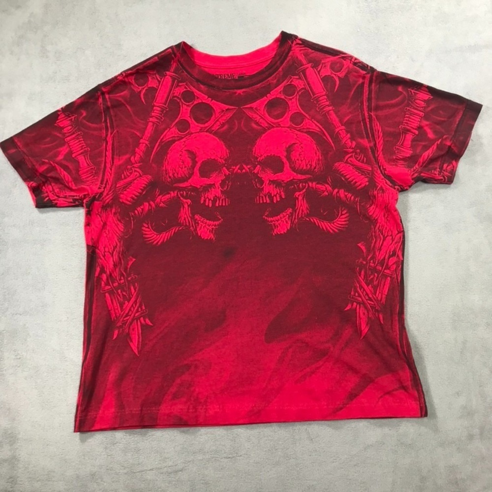 Xtreme Couture T Shirt Mens Large Red AOP Skulls Cyber Grunge Tech USA Made